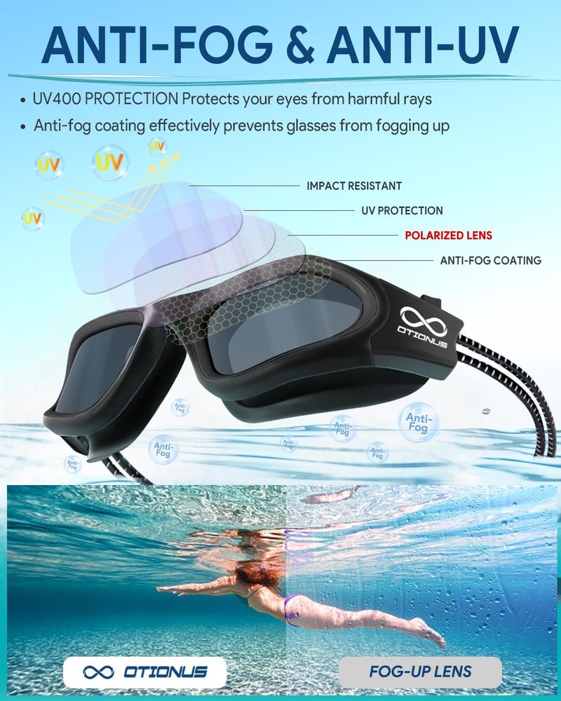 Otionus Store Swim Goggles, Polarized Adult Swimming Goggles Bungee Strap No Hair Pulling Anti-fog Pool Goggles for Men Women - Image 4